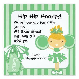 KRW Green Cheerleader Birthday Party Invitation