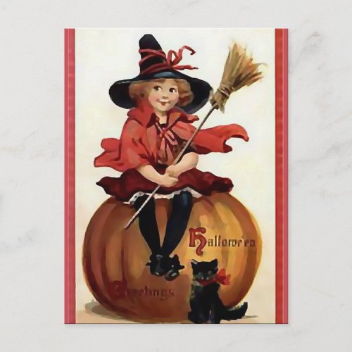 KRW Little Witch Vintage Halloween Postcard
