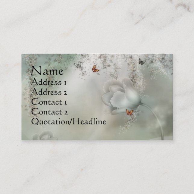 KRW Misty Gray Floral with Orange Butterflies Business Card (Front)