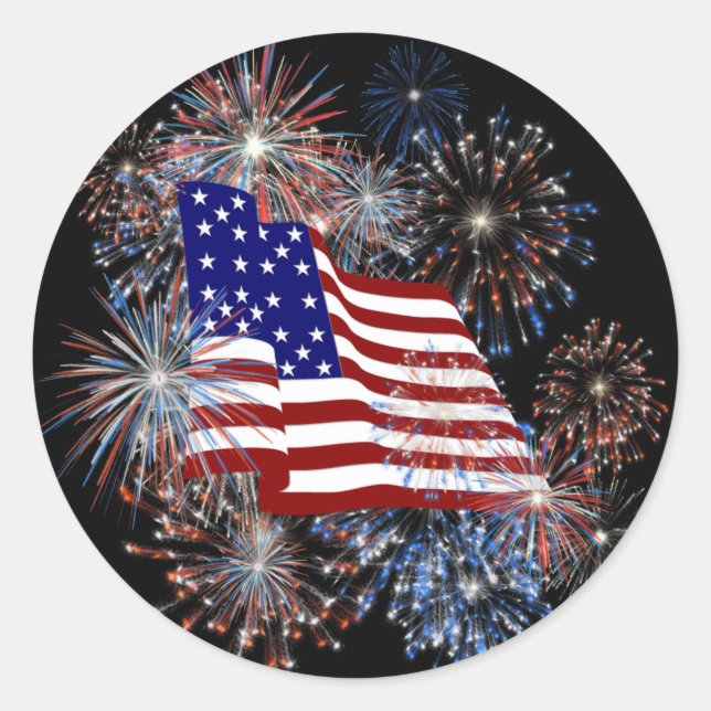 KRW Patriotic American Flag and Fireworks Classic Round Sticker (Front)