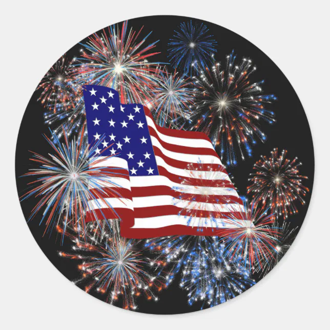 KRW Patriotic American Flag and Fireworks Classic Round Sticker (Front)
