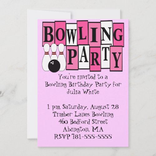 KRW Pink Bowling Birthday Party Invitation