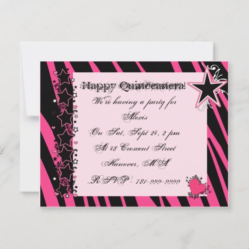 KRW Pink Zebra Print Hearts Stars Quinceanera Invitation