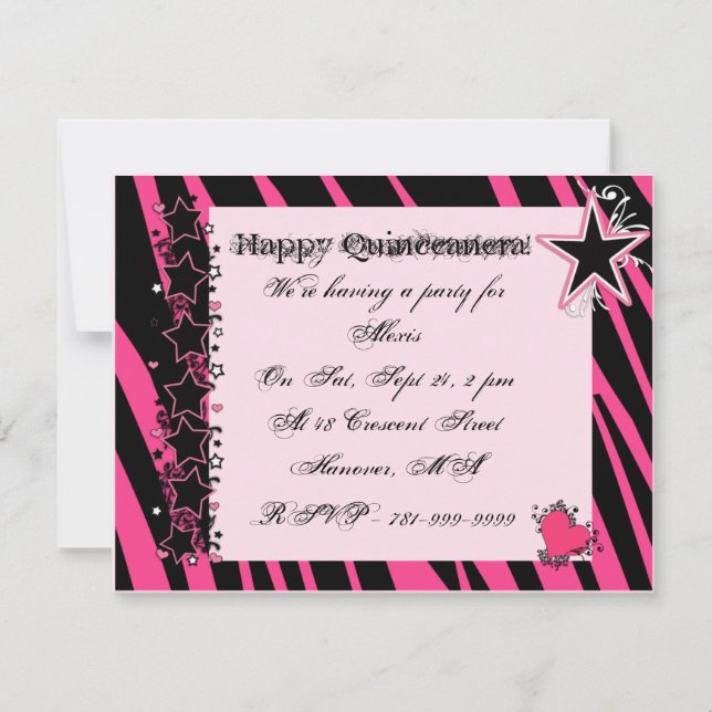 KRW Pink Zebra Print Hearts Stars Quinceanera Invitation (Front)