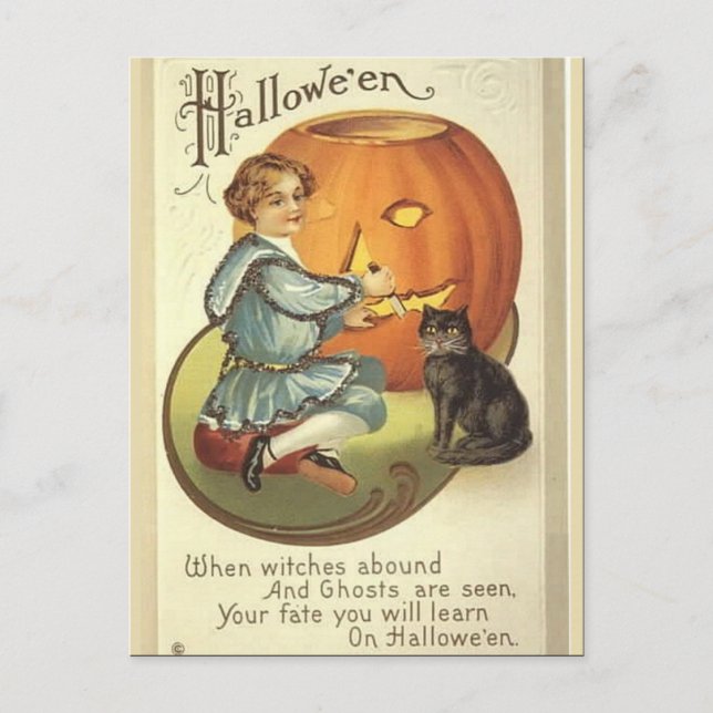 KRW Pumpkin Carving Vintage Halloween Postcard (Front)