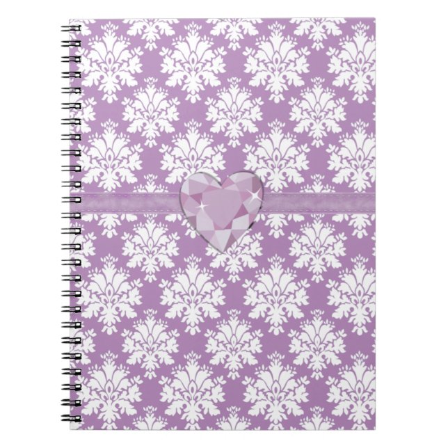 KRW Purple Jeweled Heart Damask Lined Notebook (Front)
