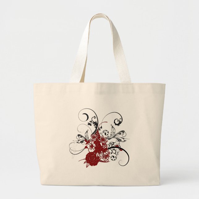 KRW Red Floral Grunge Large Tote Bag (Front)