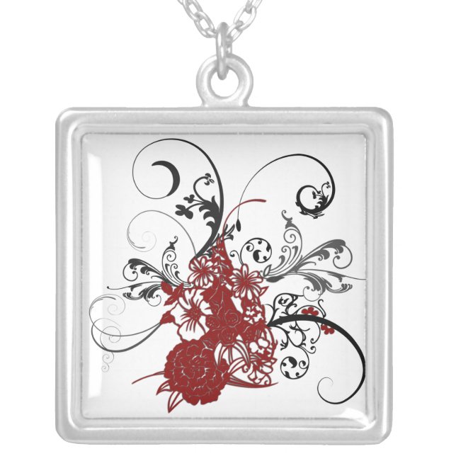 KRW Red Floral Grunge Sterling Silver Necklace (Front)