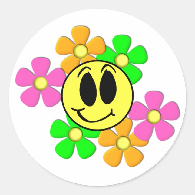 KRW Retro Smile Face and Neon Flowers Classic Round Sticker (Front)
