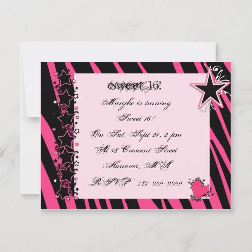 KRW Sweet 16 Pink Zebra Print Heart Stars Birthday Invitation