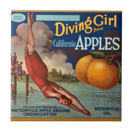 Krw Vintage Diving Girl Apple Fruit Crate Label Ceramic Tile