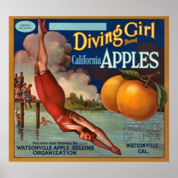 Krw Vintage Diving Girl Apple Fruit Crate Label Poster by KRWOldWorld at Zazzle