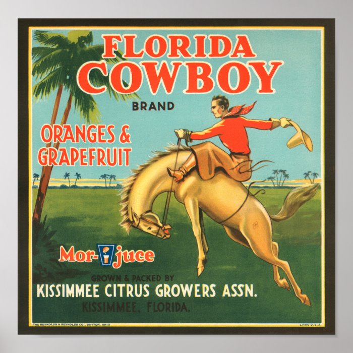 KRW Vintage Florida Cowboy Citrus Fruit Label Poster