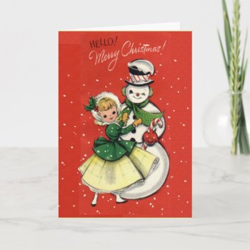 Krw Vintage Girl And Snowman Card - Customized by KRWHolidays at Zazzle