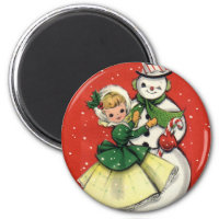 KRW Vintage Girl and Snowman Christmas Magnet