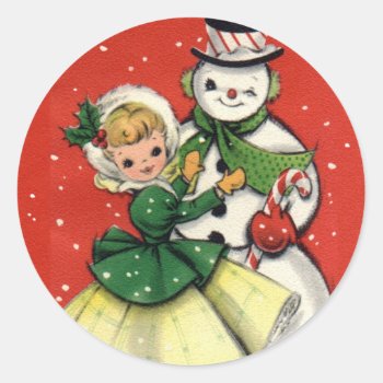 Krw Vintage Girl And Snowman Christmas Sticker by KRWHolidays at Zazzle