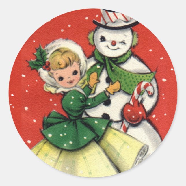 KRW Vintage Girl and Snowman Christmas Sticker (Front)
