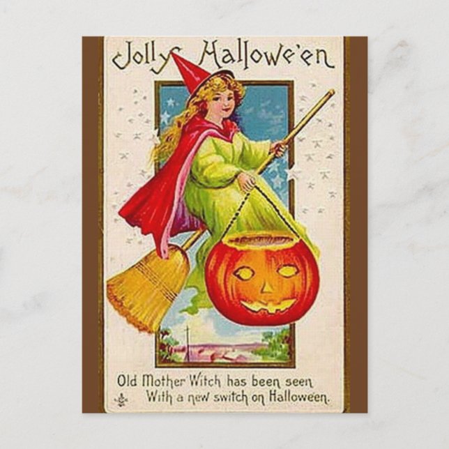 KRW Vintage Jolly Halloween Witch Holiday Postcard (Front)