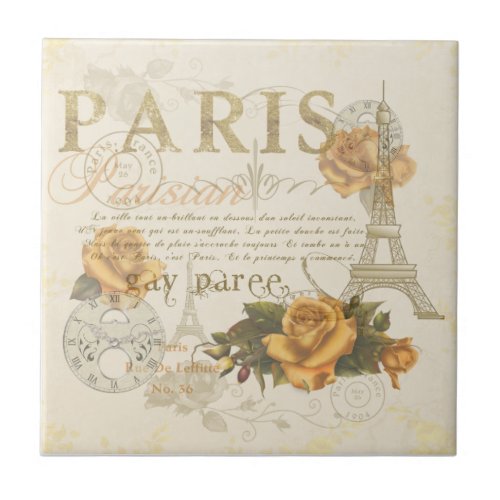 KRW Vintage Style Paris Roses Eiffel Tower Tile