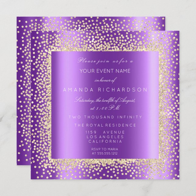 Krystal Champaigne Gold Glitter Confetti Purple2 Invitation (Front/Back)