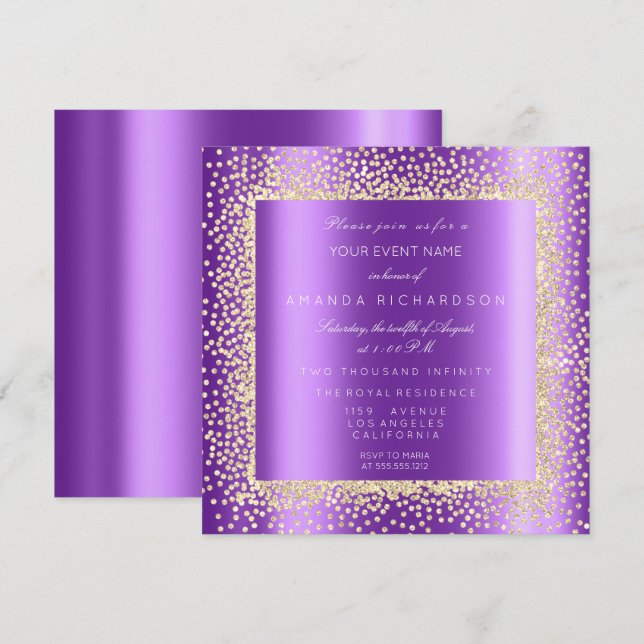 Krystal Champaigne Gold Glitter Confetti Purple Invitation (Front/Back)