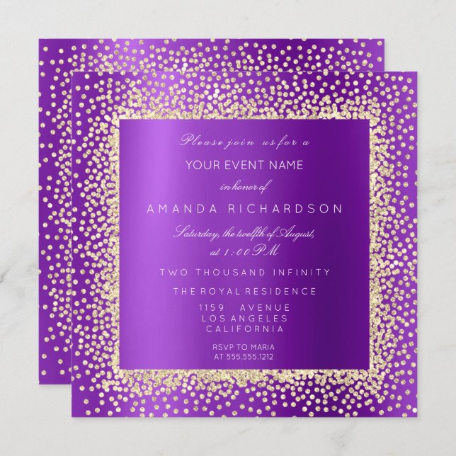 Krystal Champaigne Gold Glitter Confetti Violet A Invitation (Front/Back)