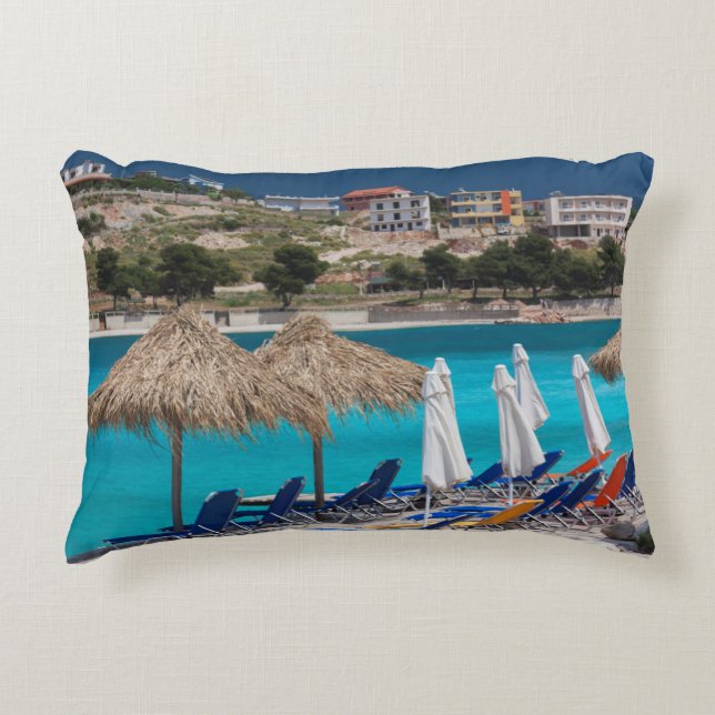 Ksamil, town beachfront decorative pillow (Front)