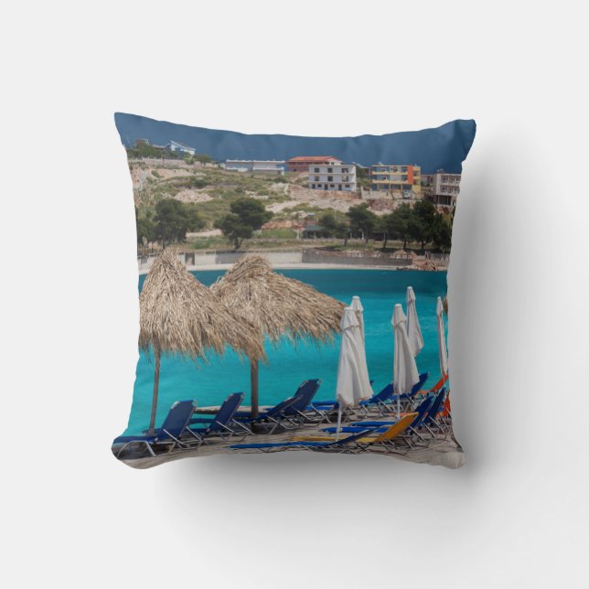 Ksamil, town beachfront throw pillow (Front)