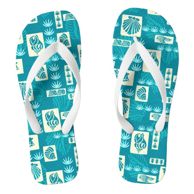Kua Bay Hawaiian Undersea Shells - Teal Flip Flops (Footbed)