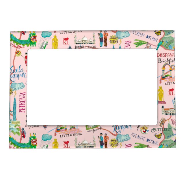 Kuala Lumpur pink illustrative travel map Magnetic Frame (Front)