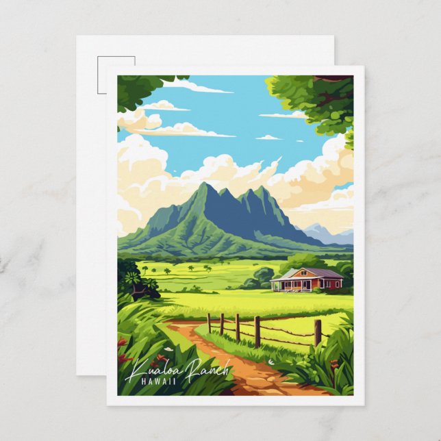 Kualoa Ranch Hawaii vintage travel illustration Postcard (Front/Back)