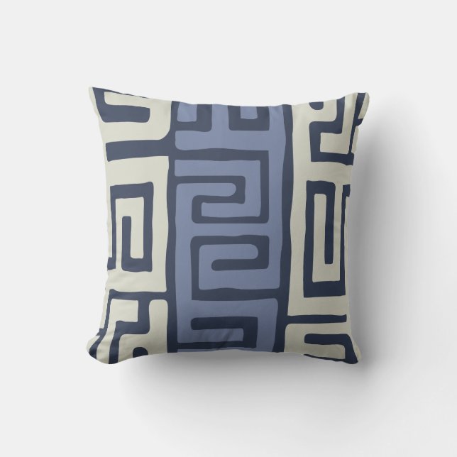 Kuba Cloth Inspired Cool Earth Colors Geometric Throw Pillow (Front)