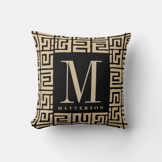 Kuba Cloth Inspired Sand|Black Monogram Throw Pillow (Front)