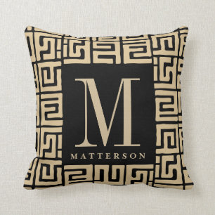Kuba Cloth Inspired Sand Black Monogram Throw Pillow