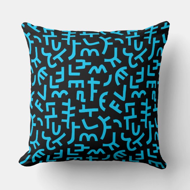 Kuba Style Pattern 121019 - Sky Blue on Black Throw Pillow (Front)
