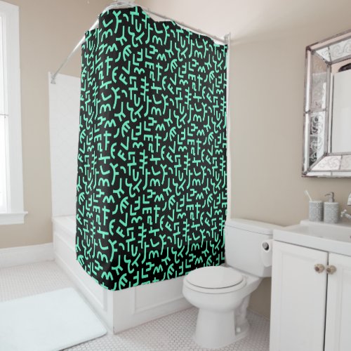 Kuba Style Pattern 121019 _ Turquoise on Black Shower Curtain