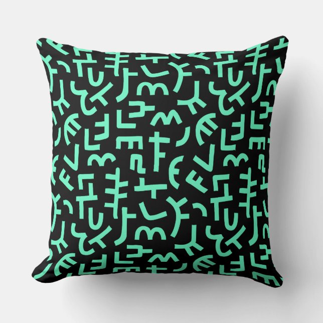 Kuba Style Pattern 121019 - Turquoise on Black Throw Pillow (Front)