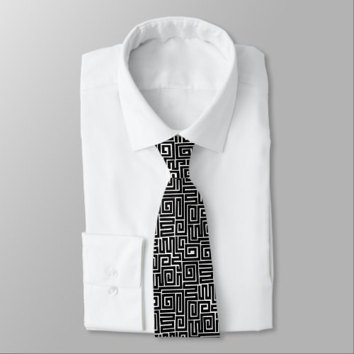 Kuba Style Pattern 280922 _ Black on White Neck Tie