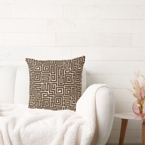 Kuba Style Pattern 280922 _ Dark Brown on White Throw Pillow