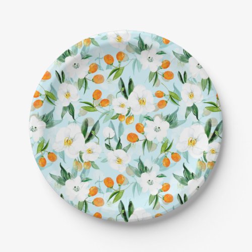 Kumquat Orchid Summer Fruit Pattern on Teal Paper Plates