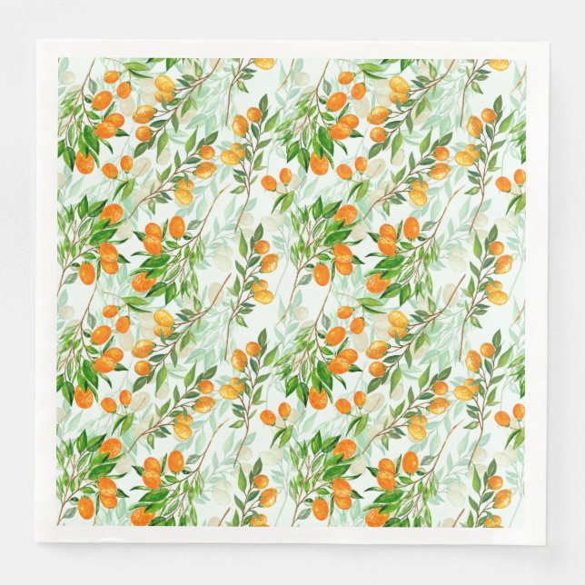 Kumquat Tropical Summer Fruit Pattern on Mint Paper Dinner Napkins (Front)