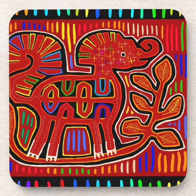 Kuna Indian Baby Elephant - Mola Folk Art Beverage Coaster (Front)