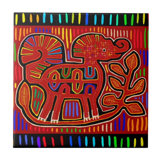 Kuna Indian Baby Elephant - Mola Folk Art Ceramic Tile (Front)