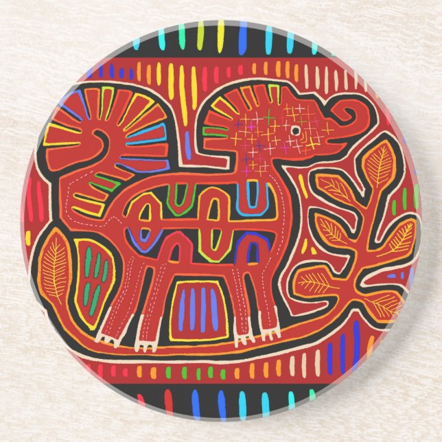 Kuna Indian Baby Elephant - Mola Folk Art Coaster (Front)