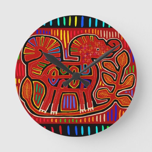 Kuna Indian Baby Elephant _ Mola Folk Art Round Clock