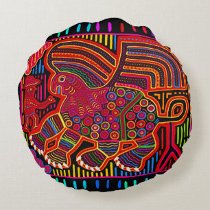 Kuna Indian Friendly Dragon Mola Round Pillow