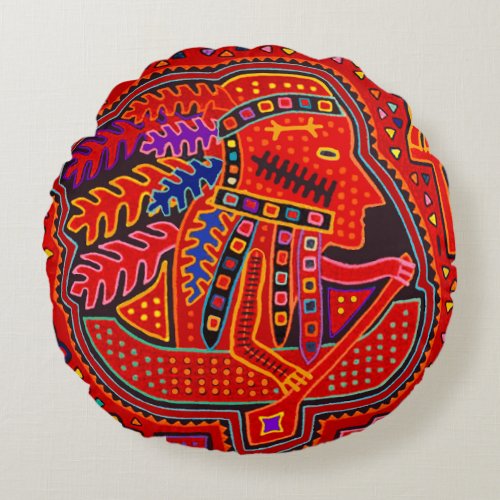 Kuna Indian Man in Canoe Round Pillow