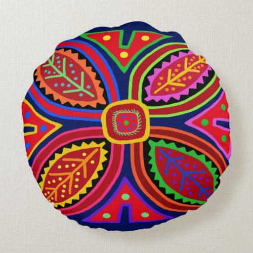 Kuna Indian Mola Flora Round Pillow