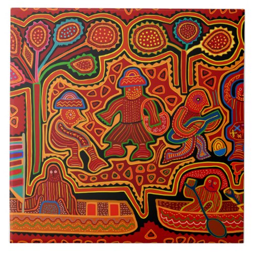 Kuna Indian Mola Men in Boats Ceramic Tile