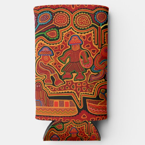 Kuna Indian Mola Men in Boats Seltzer Can Cooler